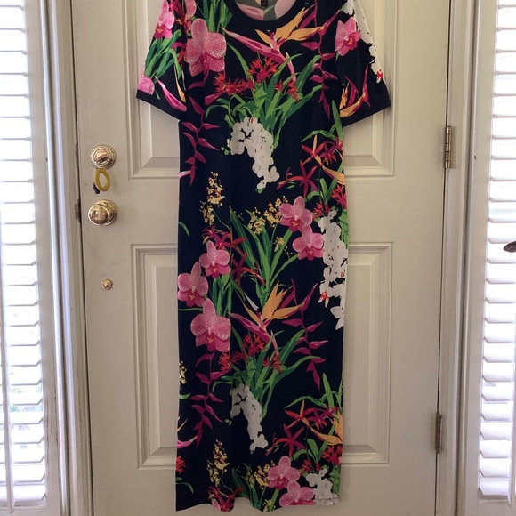 G.I.L.I. Jetsetter Black Tropical Print Maxi Dress/Short Sleeve/Side Slit/L/NEW! - Picture 1 of 5